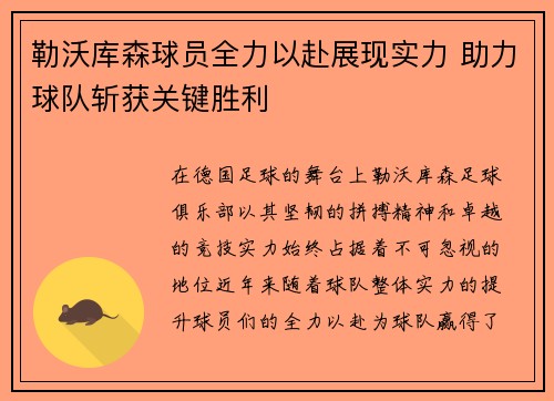 勒沃库森球员全力以赴展现实力 助力球队斩获关键胜利